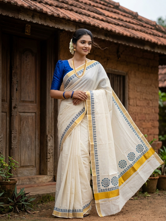 Southloom Cotton Kerala Kasavu Saree with Black and Blue Block Prints On Border