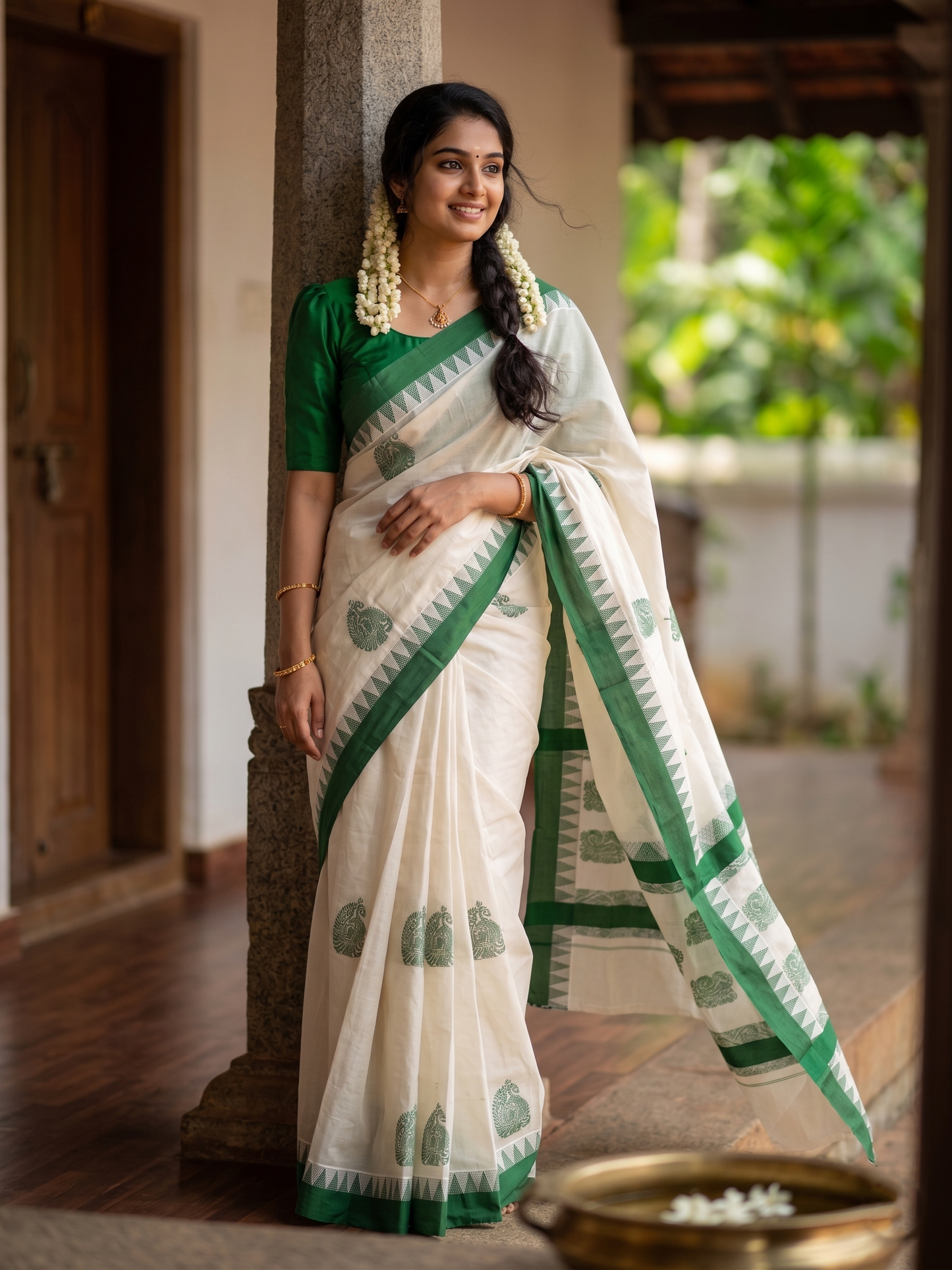 Southloom Pure Cotton Kerala Saree with Green Heavy Woven Designs and Temple Border SL454
