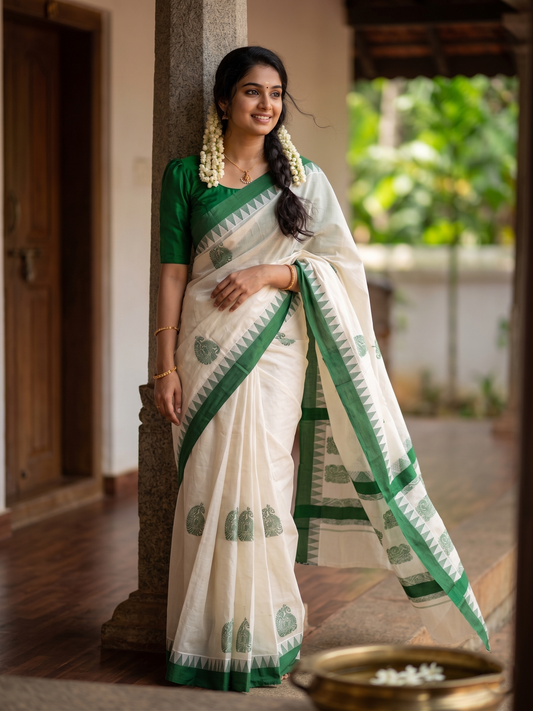 Southloom Pure Cotton Kerala Saree with Green Heavy Woven Designs and Temple Border SL454