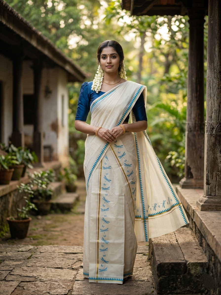 Southloom Kerala Cotton Single Set Mundu (Mundum Neriyathum) with Blue Thumbi Block Printed Design And Gold Kasavu 2.80Mtrs SL151