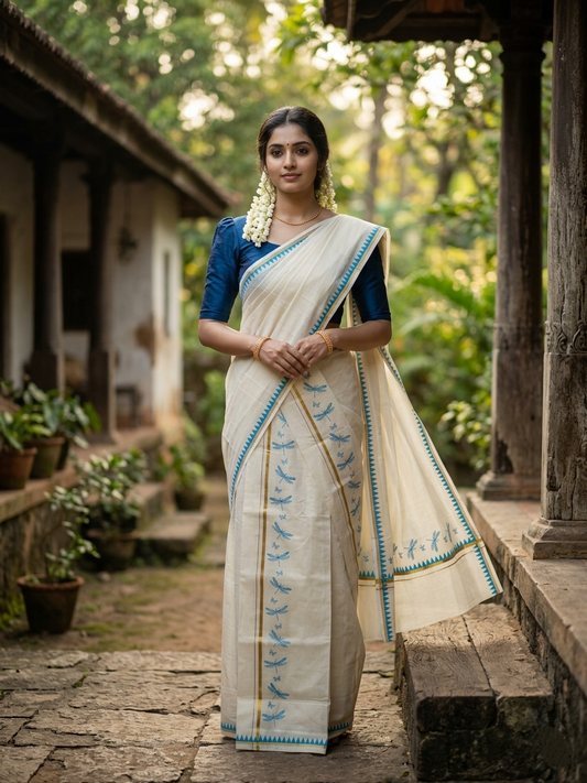 Southloom Kerala Cotton Single Set Mundu (Mundum Neriyathum) with Blue Thumbi Block Printed Design And Gold Kasavu 2.80Mtrs SL151