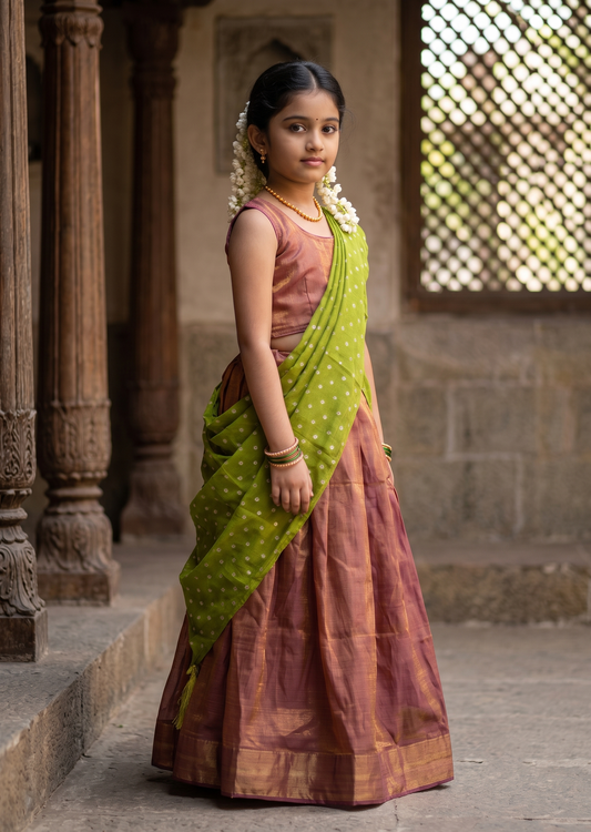 Southloom Stitched Organza Dhavani Set with Pavada and Blouse Piece in Brown SL595