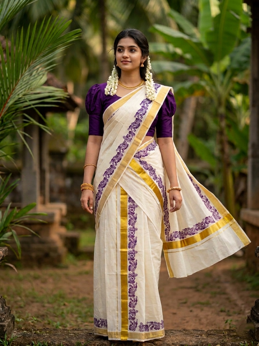 Southloom Pure Cotton Kerala Single Floral Print Set Mundu (Mundum Neriyathum) Violet Border in 2.80 mtrs SL245