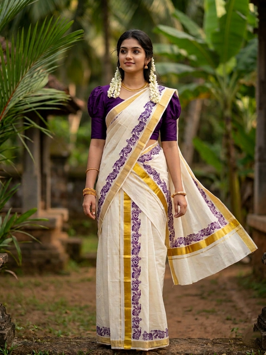 Southloom Pure Cotton Kerala Single Floral Print Set Mundu (Mundum Neriyathum) Violet Border in 2.80 mtrs SL245
