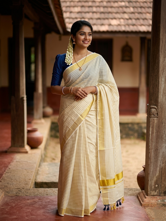 Southloom Kerala Cotton Kasavu Saree with Stripes on Body in Blue SL328