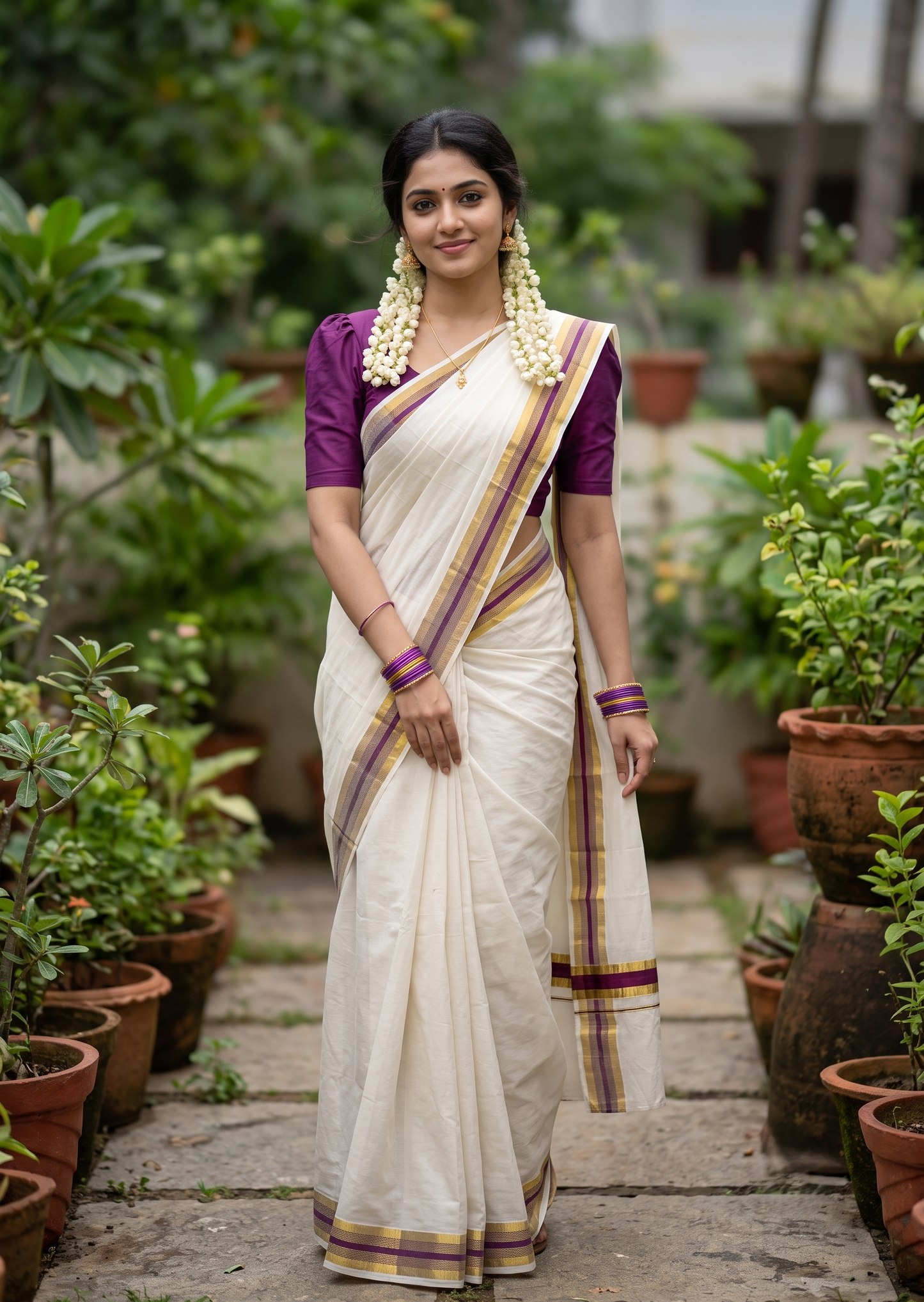 Southloom Pure Cotton Kerala Saree with Kasavu and Purple Border