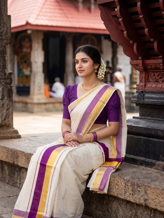 Kerala Cotton Set Mundu (Mundum Neriyathum) with Purple and Kasavu Border 2.80 Mtrs SLKK SL504