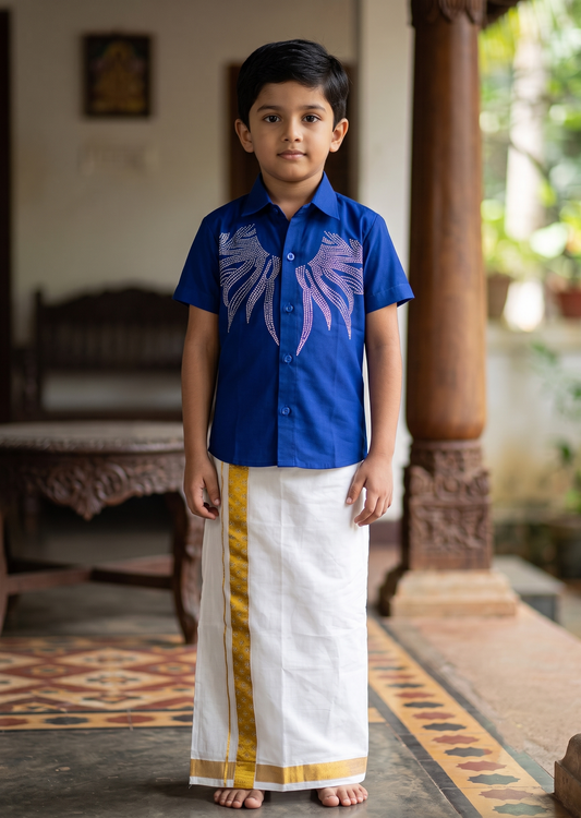 Southloom Cotton Stone Work Kids's Combo (Shirt + Velcro Mundu) SLKCOMBO