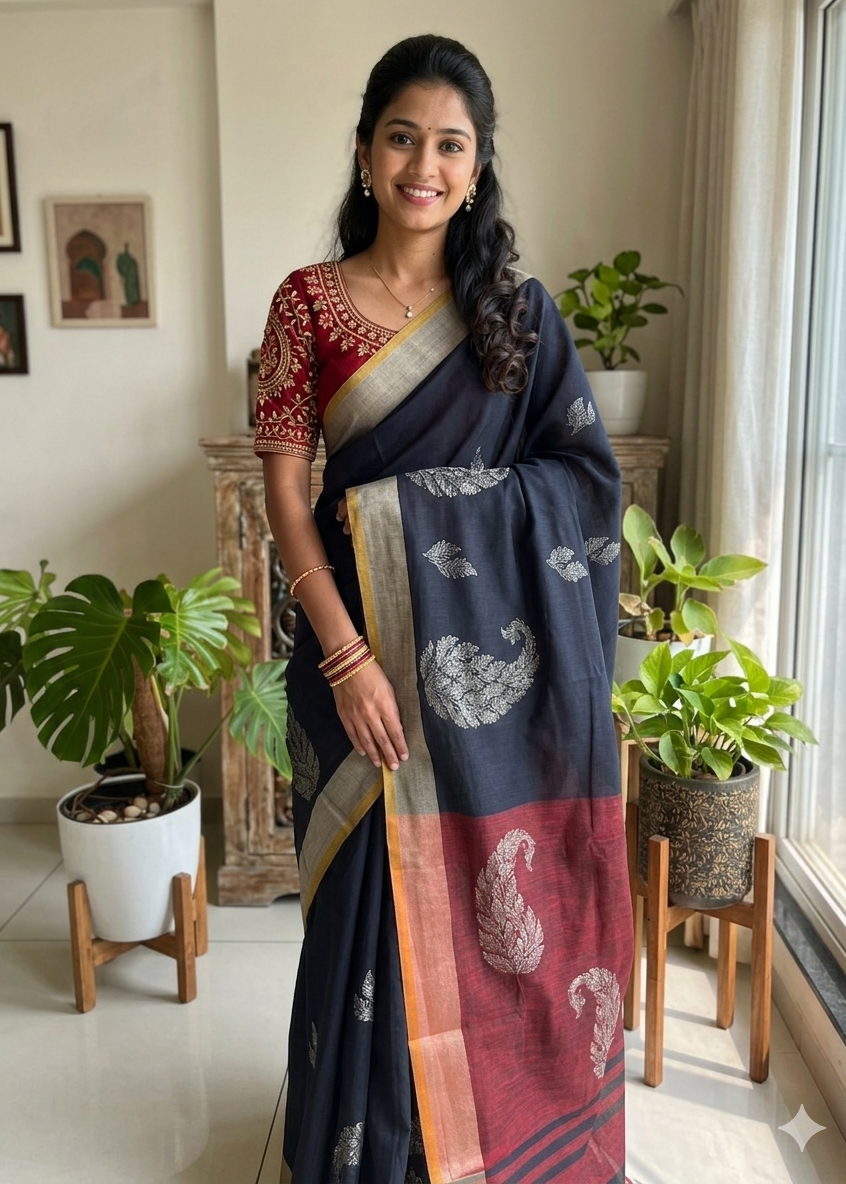 Linen Cotton Blue Saree SL213