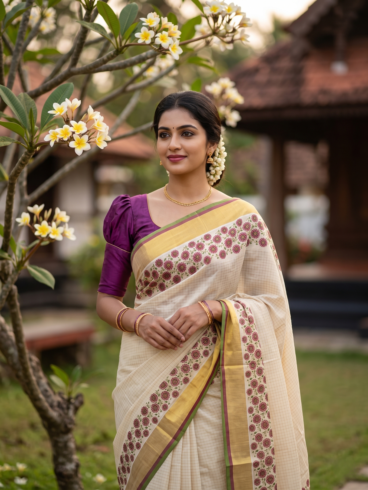 Southloom Kerala Cotton Kasavu Saree with Micro Check And Floral Design on Body In Purple And Olive Green Border SL357