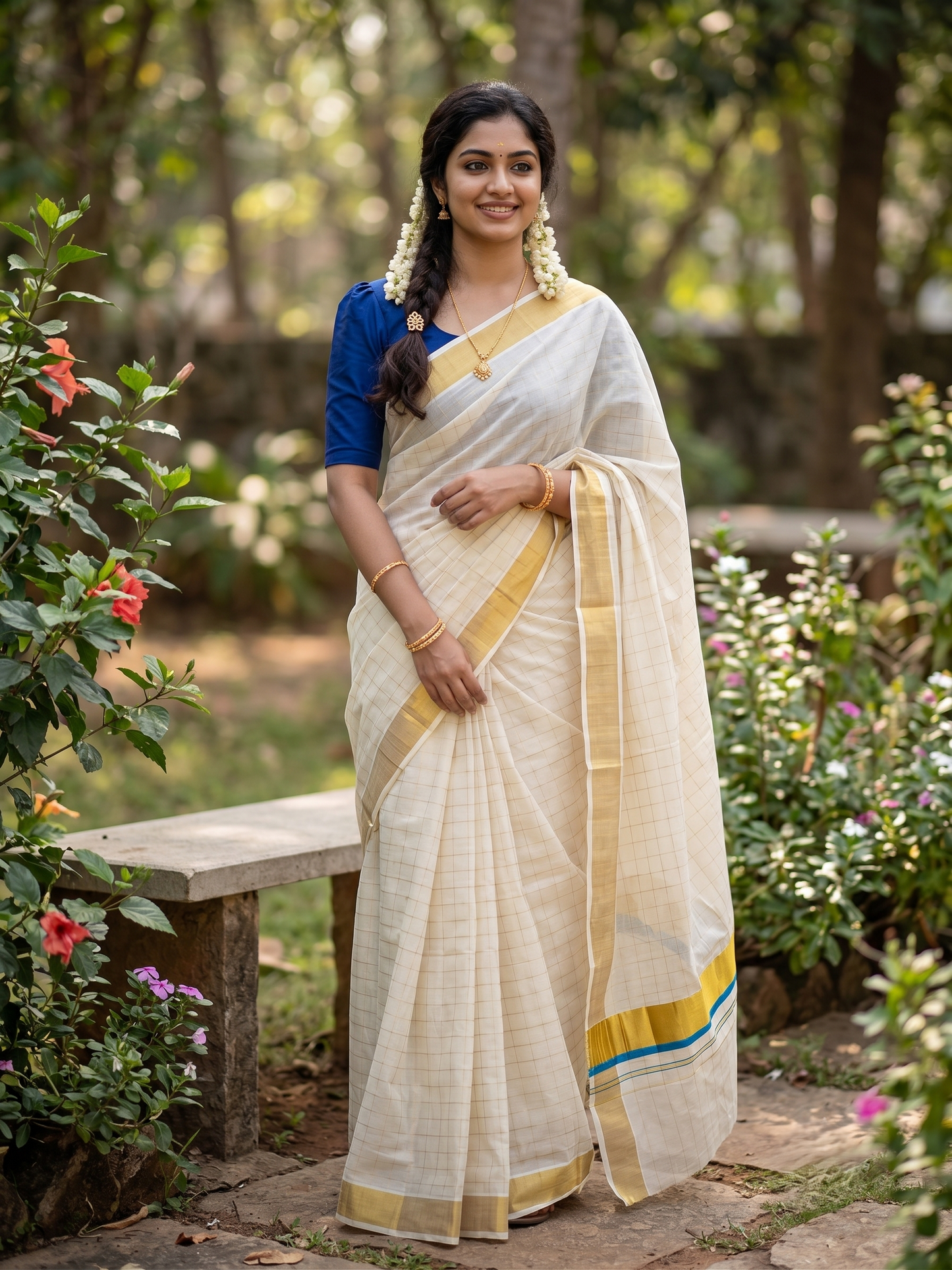 Southloom Pure Cotton  Kerala  Kasavu Woven Check Saree with Blue Border