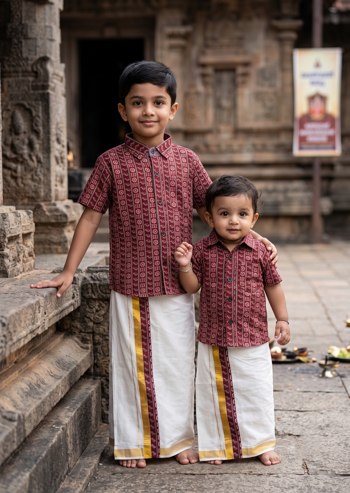 Southloom Cotton Floral Printed Kids's Combo (Shirt + Velcro Mundu) SLKCOMBO