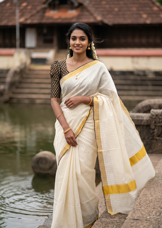 Southloom Pure Cotton Kerala Kasavu Saree with Stripes on Body and Scalloped Border in Black SL484