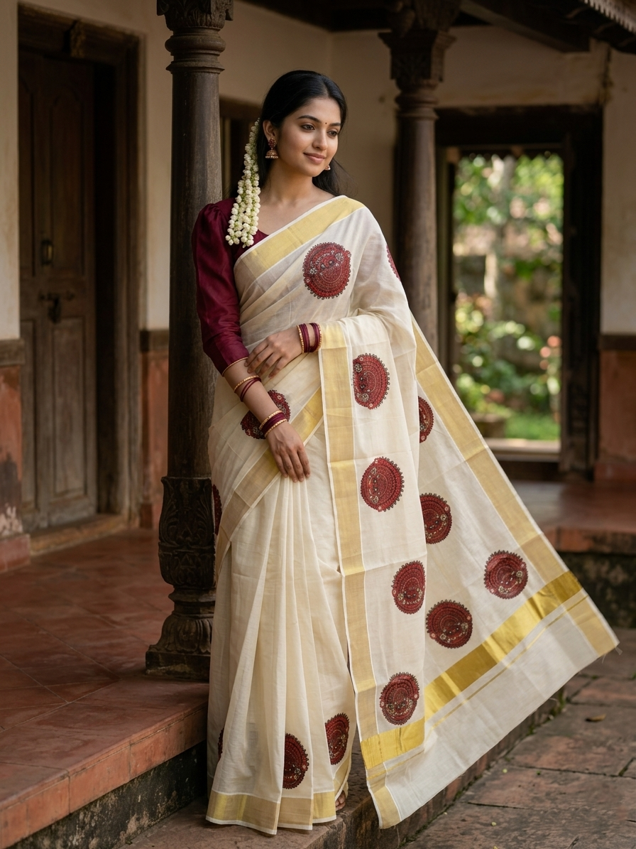 Southloom Kerala Tissue Kasavu Saree with Theyyam Prints