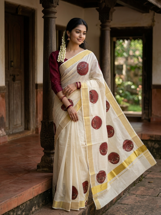 Southloom Kerala Tissue Kasavu Saree with Theyyam Prints