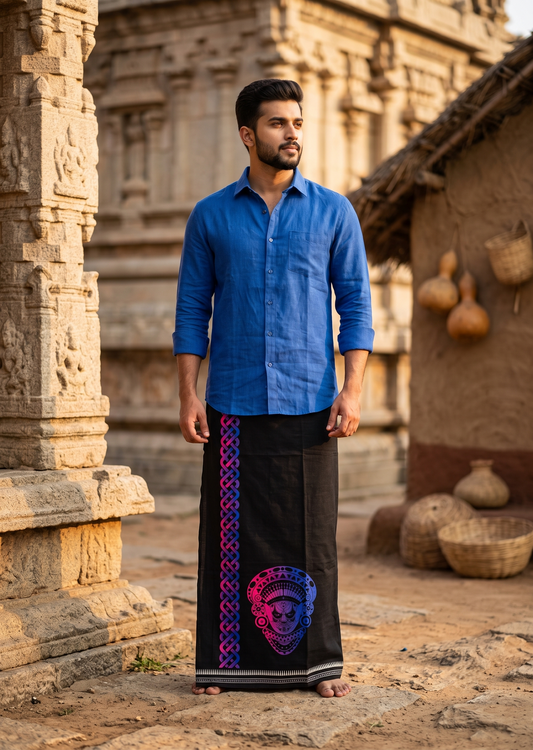 Southloom Black Neon Printed Single Mundu / Otta Mundu / Lungi (South Indian Kerala Dhoti)