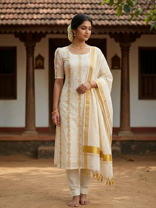 Southloom™ Cotton Churidar Salwar Suit Unstiched Material with Woven Design (include Lines Shawl / Dupatta) SL601
