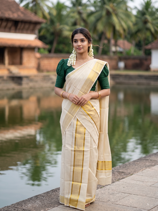 Southloom Kerala Tissue Single Set Mundu (Mundum Neriyathum) with Kasavu Check Across Body