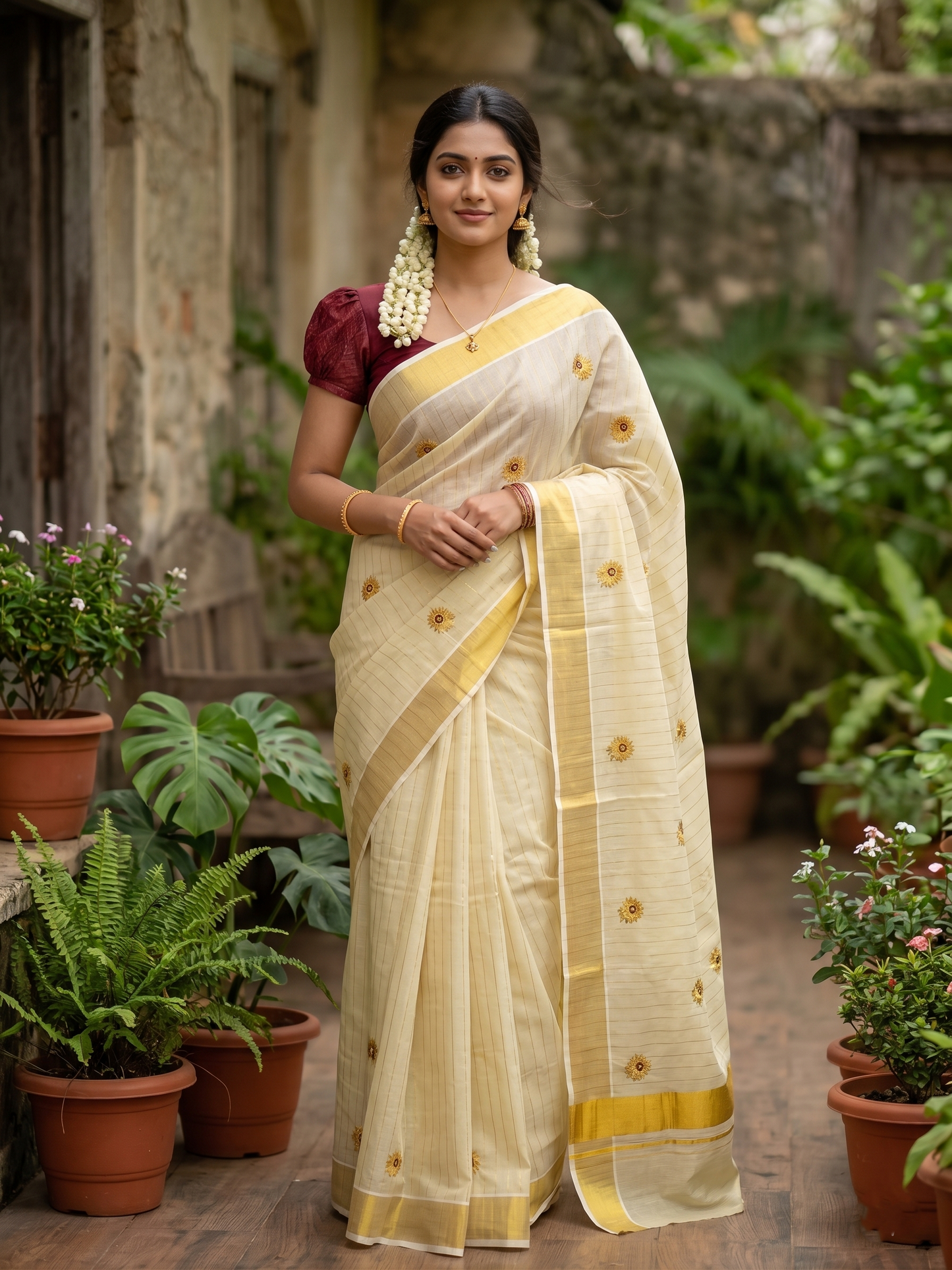 Kerala Tissue Kasavu Lines Saree with Embroidary Work On Body