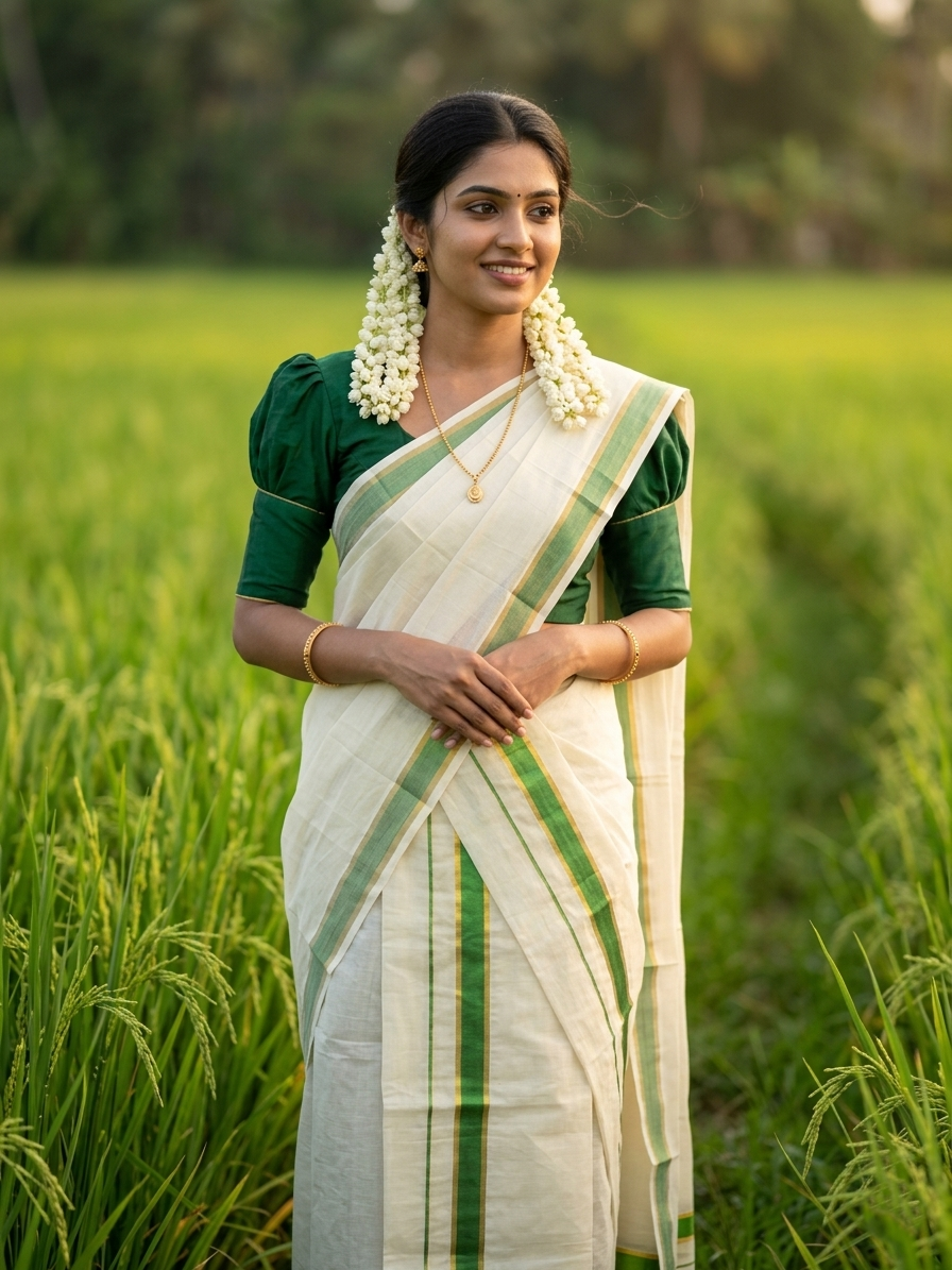 Southloom Pure Cotton Kerala Kasavu  Set Mundu (Mundum Neriyathum) Kasavu & Green Border in 2.80 Mtrs