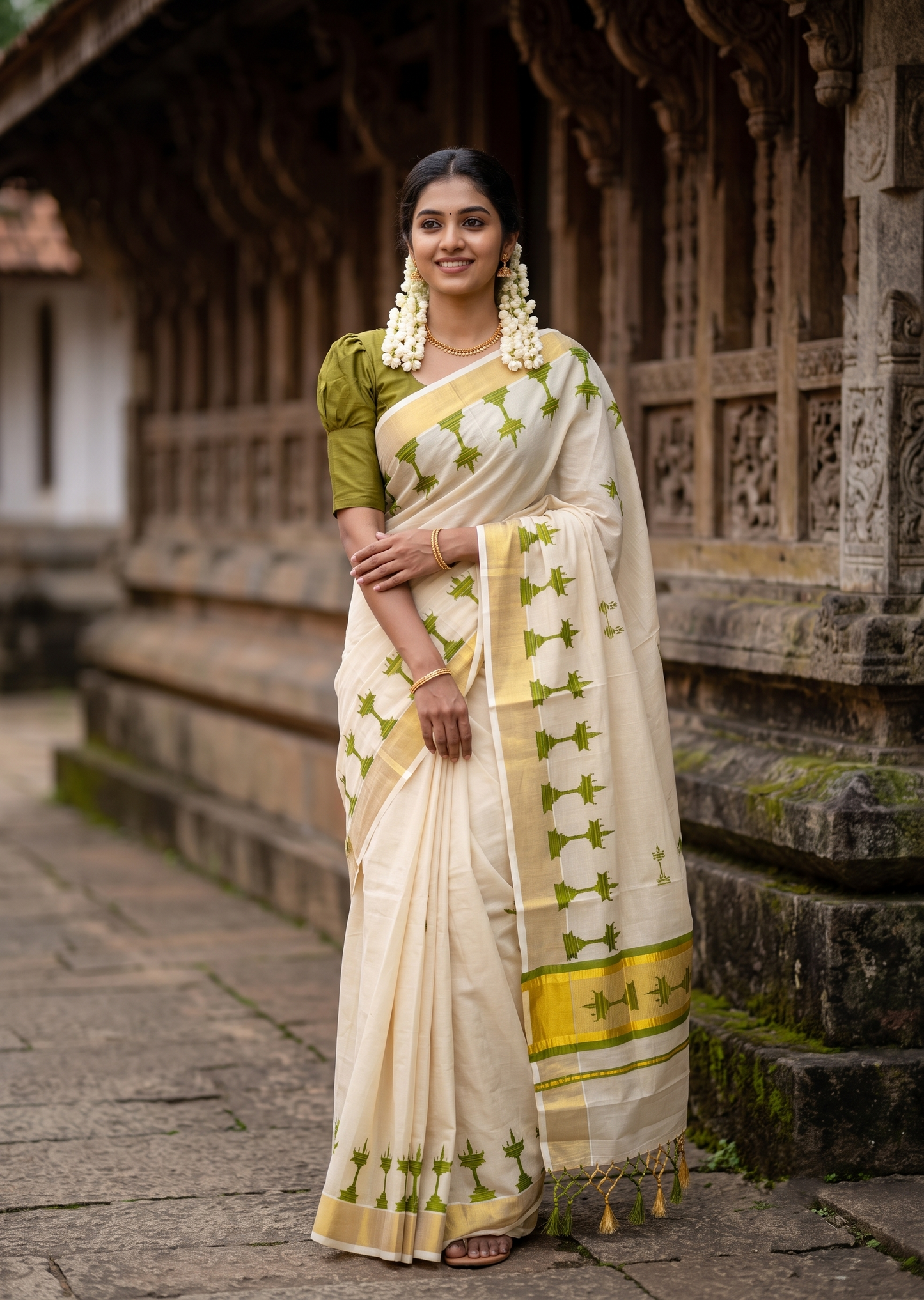 Southloom Kerala Tissue Saree with Nilavilakku Digital Print Design in Olive Green SL568