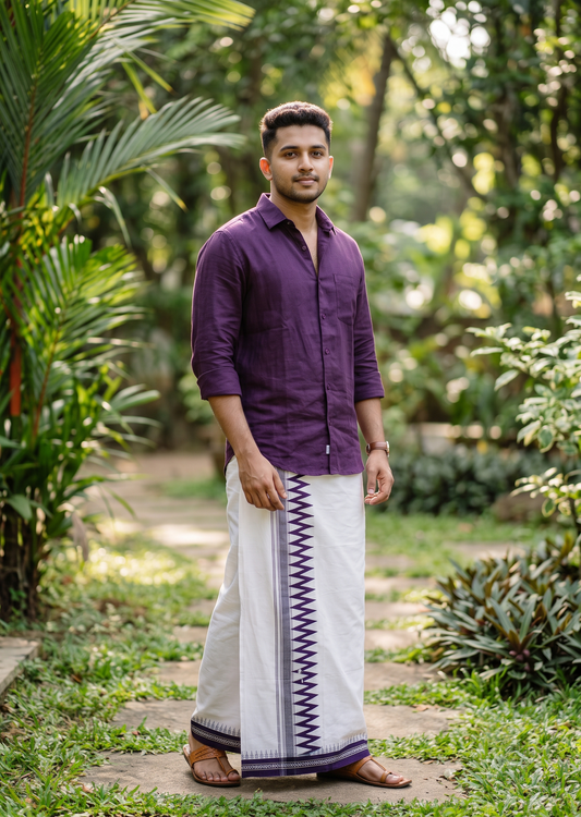 Southloom White Purple Printed Single Mundu / Otta Mundu / Lungi (South Indian Kerala Dhoti) SL622