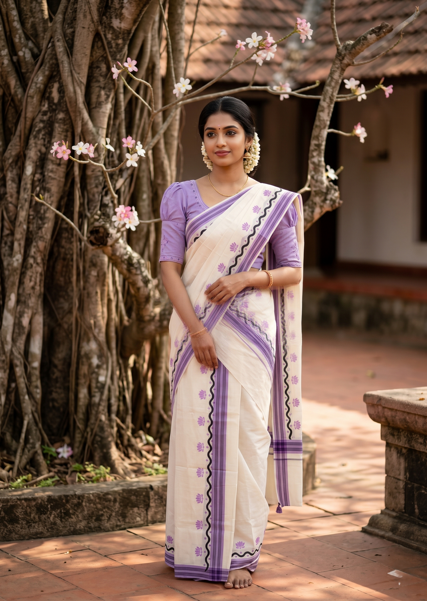 Southloom Pure Cotton Kerala Single Mulloth Set Mundu With Lotus Digital Print In Lavender (Mundum Neriyathum) in 2.75 Mtrs