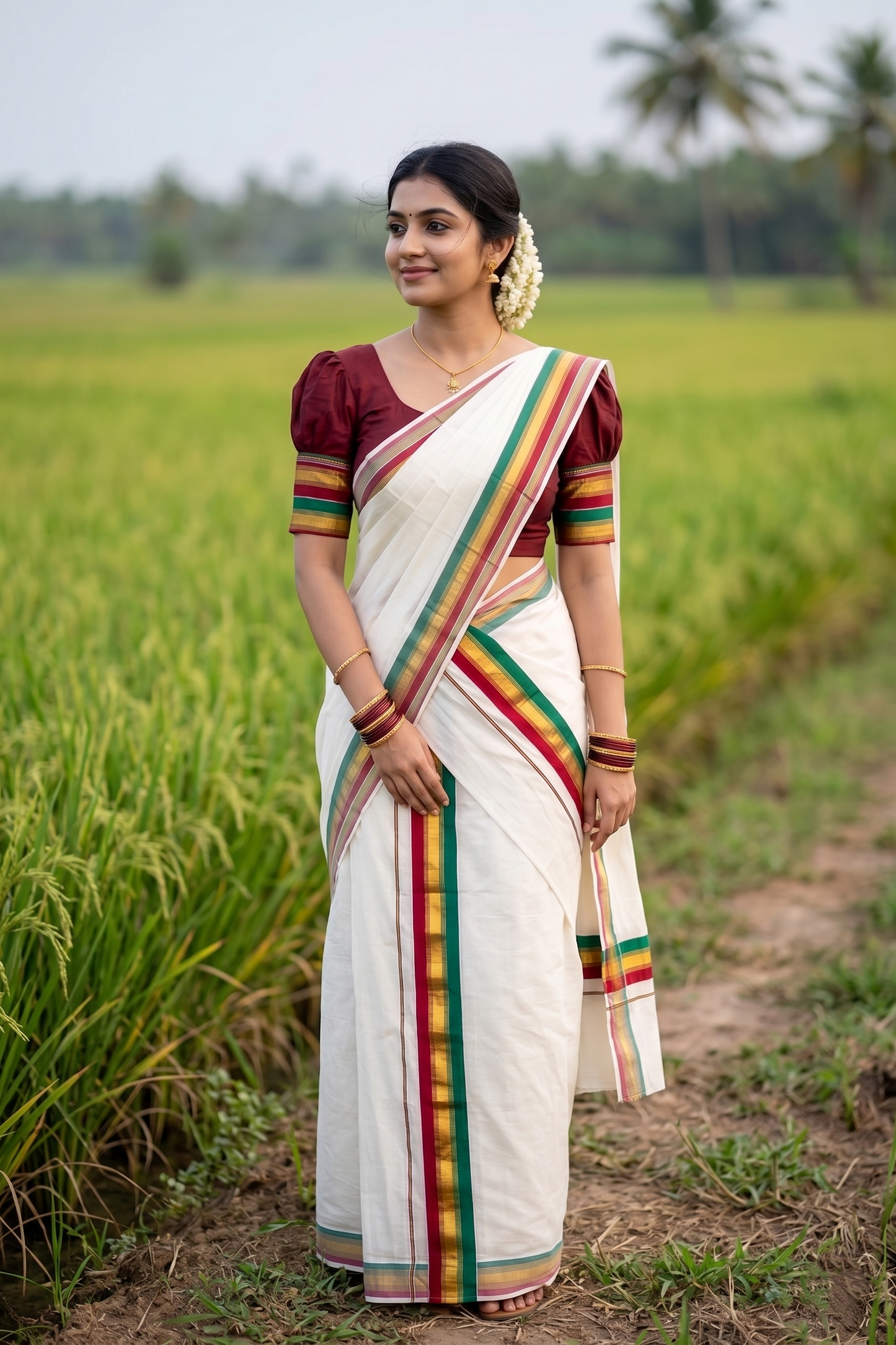 Kerala Cotton Kasavu Set Mundu (Mundum Neriyathum) with Maroon and Green Border SLKK