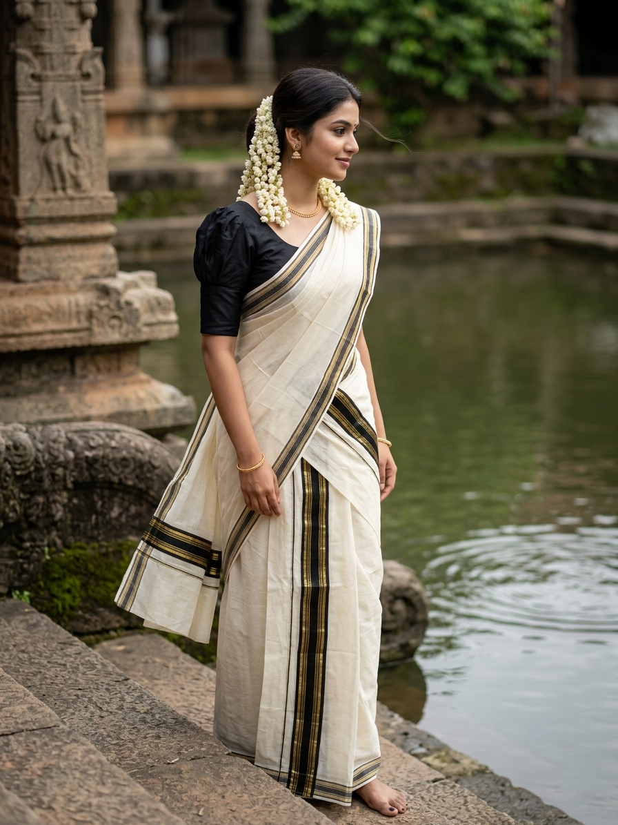 Southloom Kerala Cotton Single Set Mundu (Mundum Neriyathum) with Kasavu and Black Border in 2.80 Mtrs