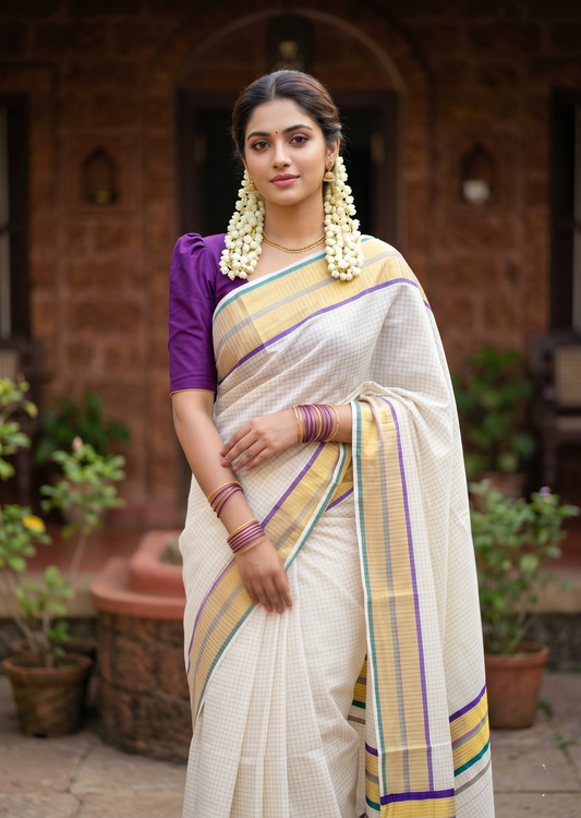 Southloom Kerala Cotton Kasavu Saree with Micro Check Design on Body in Violet & Peacock Green Border SL453