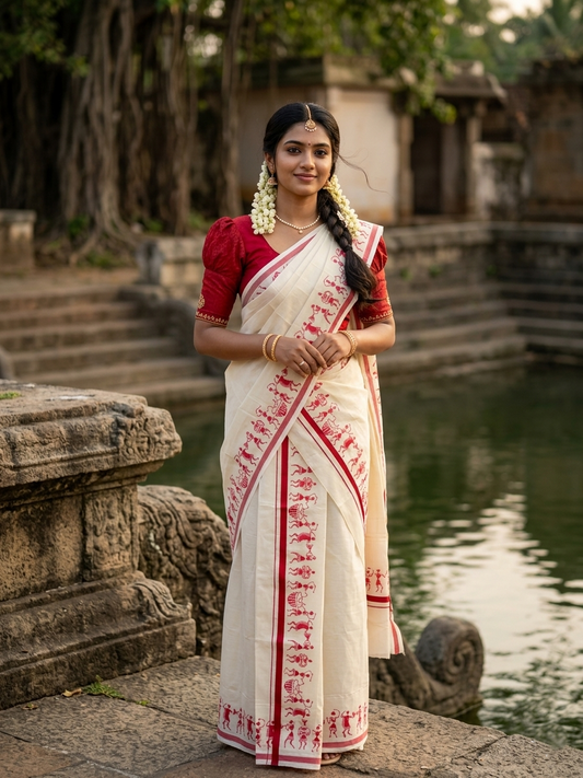 Southloom Pure Cotton Kerala Single Warly Print Set Mundu (Mundum Neriyathum) Red Border in 2.50 mtrs SL246