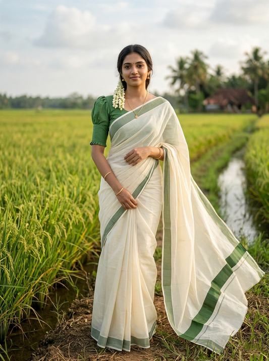 Southloom Kerala Pure Cotton Plain Kasavu Saree with Green Border