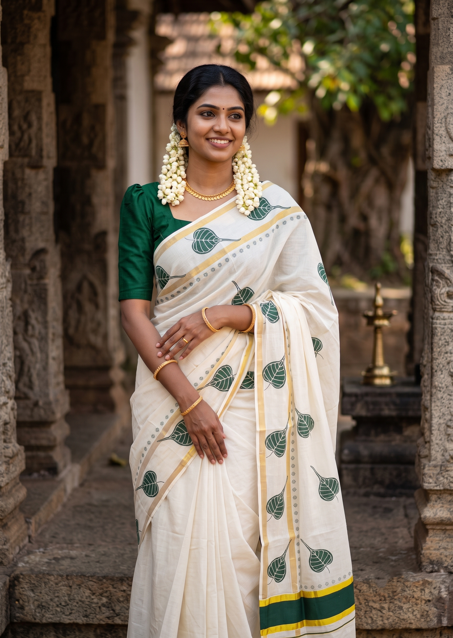 Southloom Cotton Kerala Kasavu Saree with Digital Print on Body in Green SL533