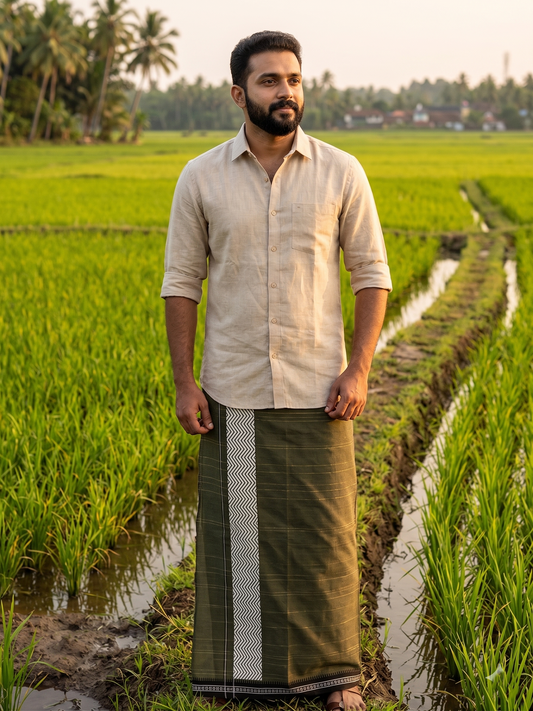 Southloom Green Printed Single Mundu / Otta Mundu / Lungi (South Indian Kerala Dhoti)