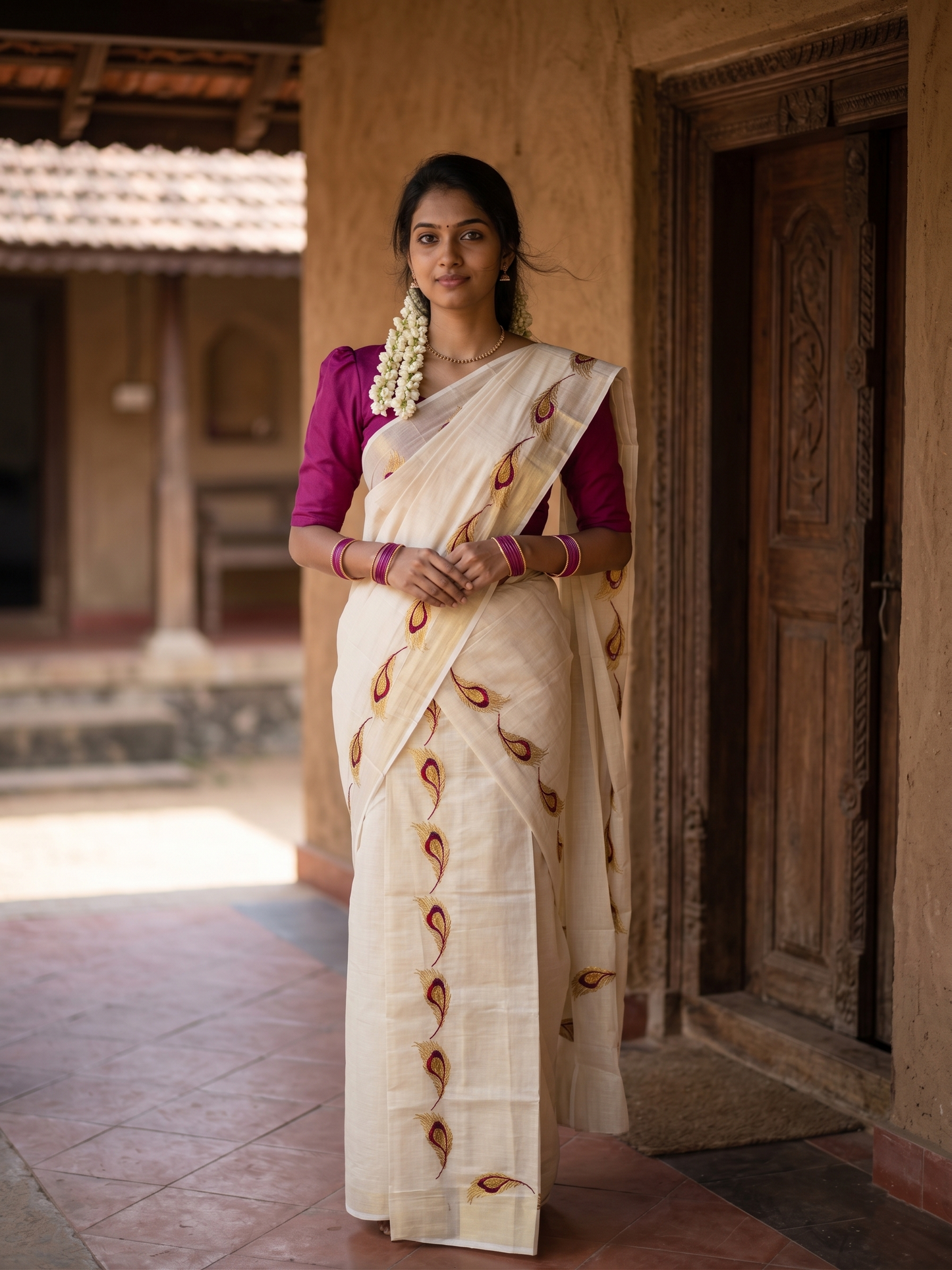 Southloom Kerala Tissue Kasavu Single Set Mundu (Mundum Neriyathum) Magenta and Golden Feather Embroidery Work