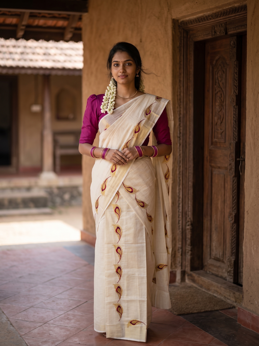 Southloom Kerala Tissue Kasavu Single Set Mundu (Mundum Neriyathum) Magenta and Golden Feather Embroidery Work
