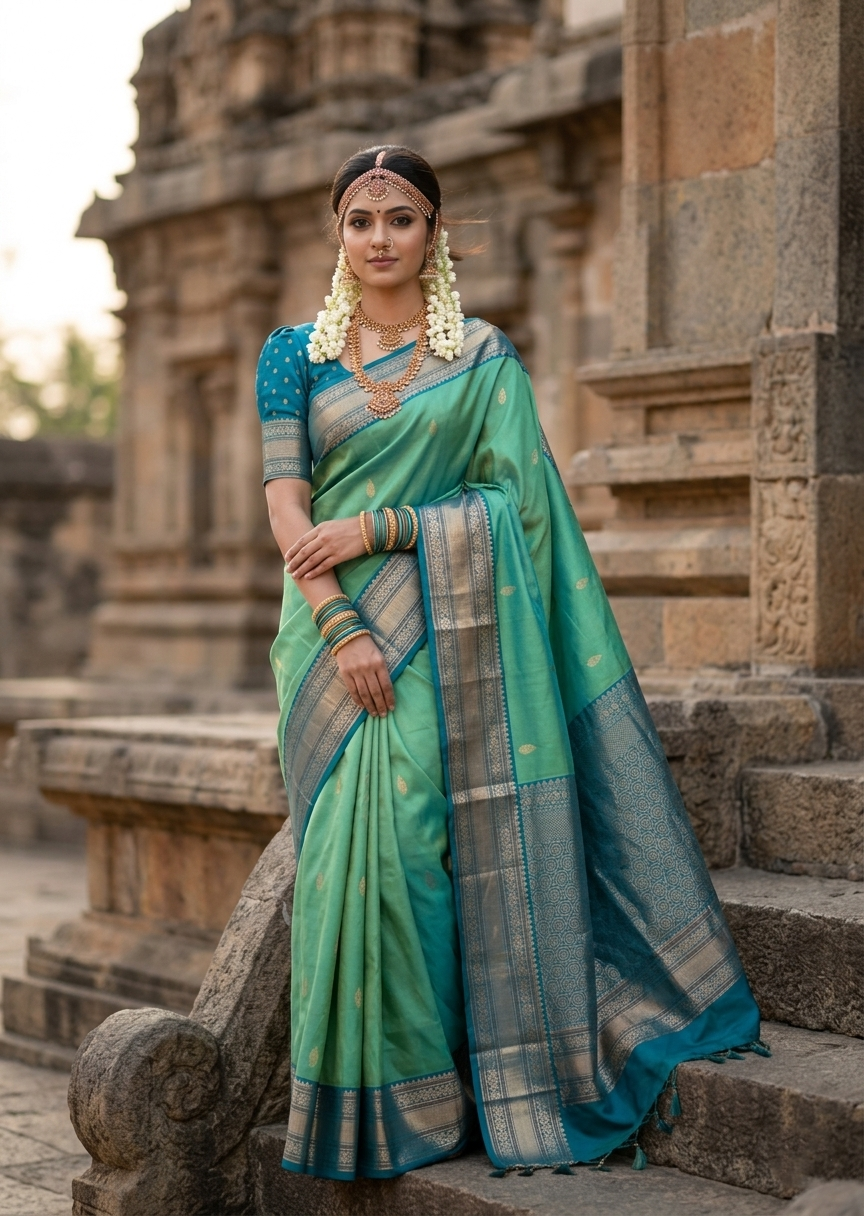 Southloom Pure Handloom Bridal Kanchipuram Silk Saree with Korvai Work (Green & Blue)