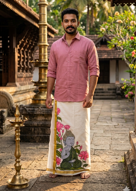 Kerala Cotton Handpainted Dhoti ( Double Mundu )  SL330