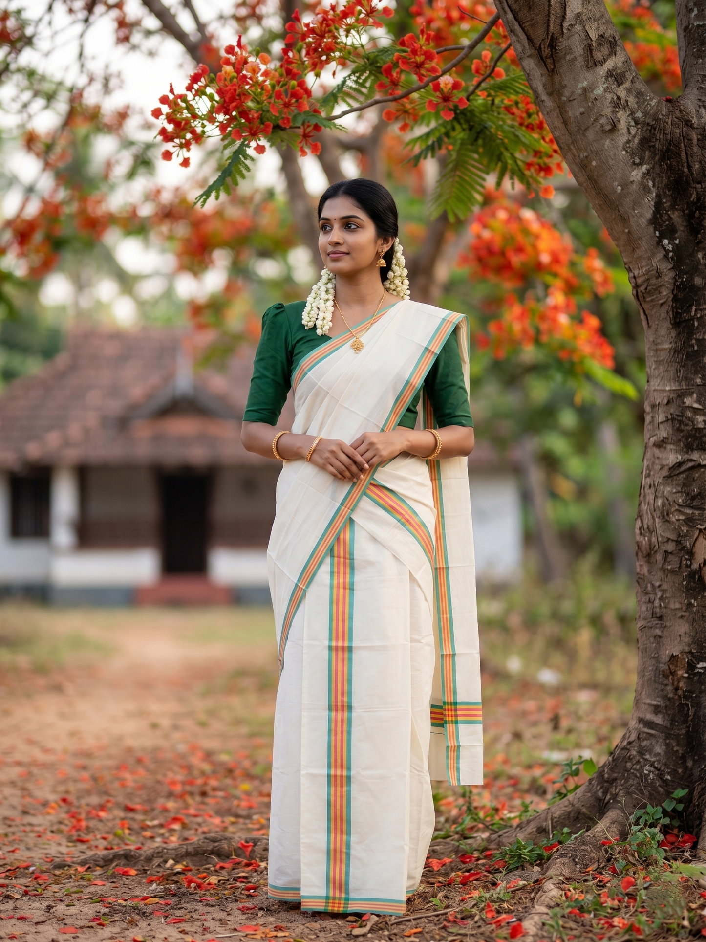 Southloom Pure Cotton Kerala Single Mulloth Set Mundu (Mundum Neriyathum)  Green &Yellow Border
