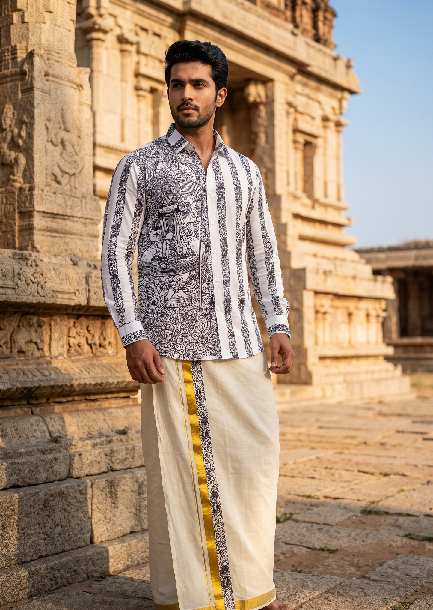 Southloom Premium Satin Kathakali Digital Print Design Men's Combo  (Shirt + Mundu) SL576