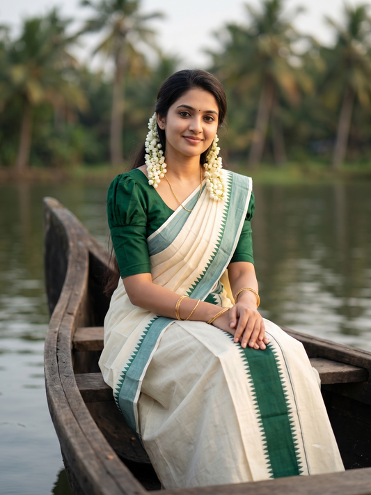 Southloom Kerala Pure Cotton Set Mundu Single (Mundum Neriyathum) with Green Temple Border 2.80 Mtrs SL500
