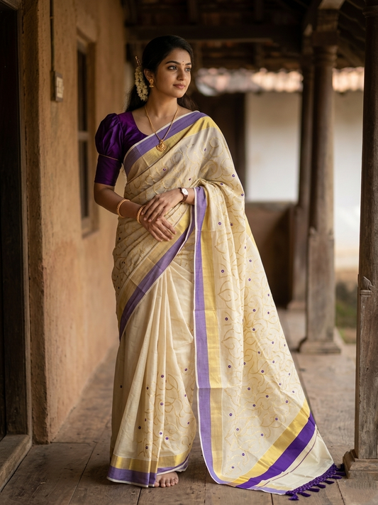 Kerala Tissue Kasavu Stripes Saree with Gold and Violet Floral Embroidery Design on Body SL269