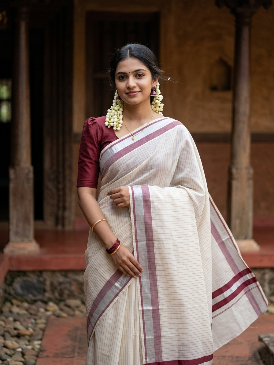 Pure Cotton Kerala Silver Kasavu Lines Saree with 3 inch Maroon and Silver Border