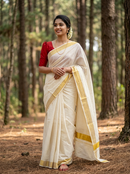 Southloom Pure Cotton Kerala Kasavu Saree with Lines on Body and Kasavu Border
