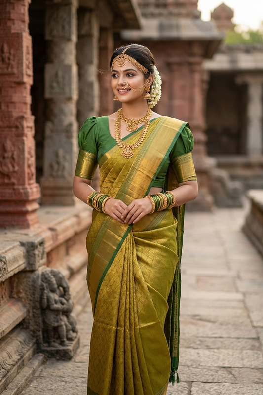 Southloom Banarasi Silk Brocade Bridal Saree WIth Woven Borders And Blouse Piece in Gold and Green