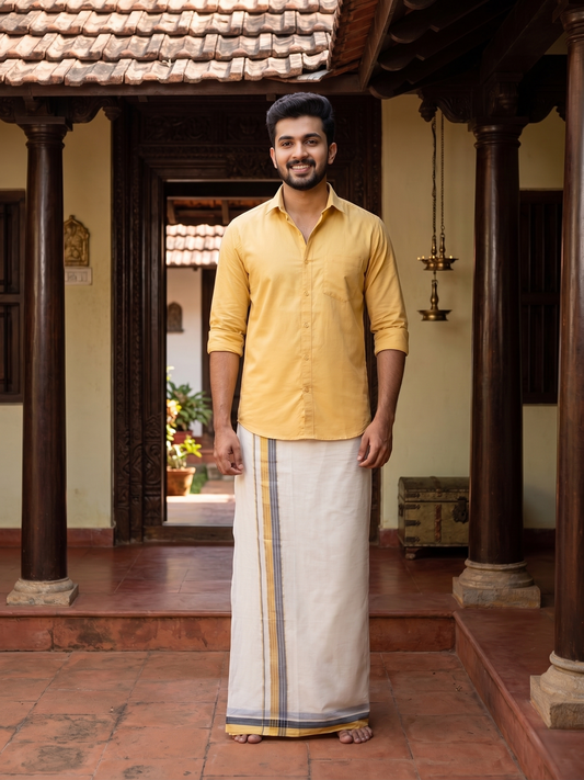 Southloom Kerala Pure Cotton Double Mundu with Grey Lines and Yellow Border with (South Indian Dhoti)