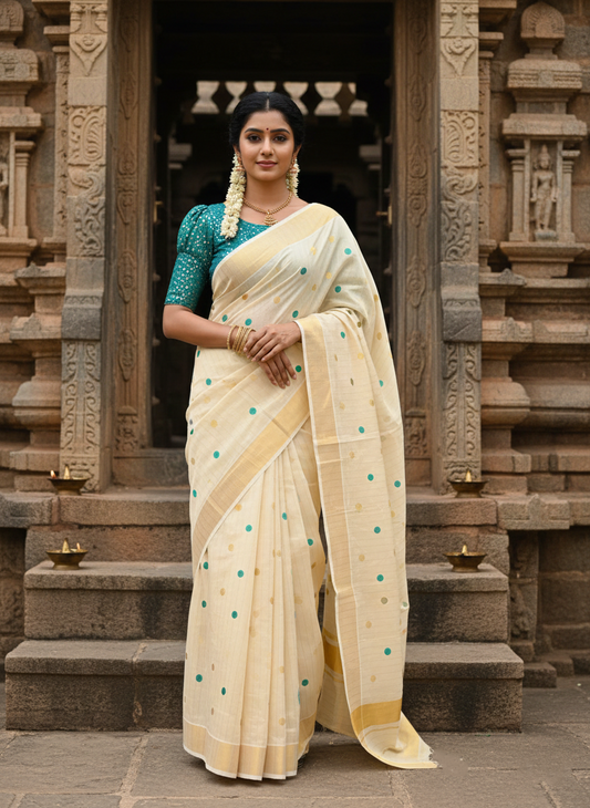 Southloom Kerala Tissue Kasavu Saree with Gold & Peacock Green Polka Embroidery Works on Body