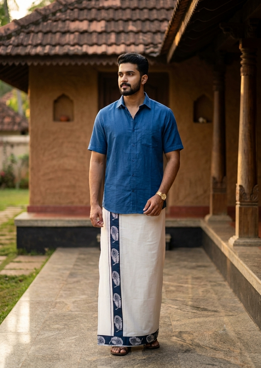 Southloom White Printed Single Mundu / Otta Mundu / Lungi (South Indian Kerala Dhoti)SL598