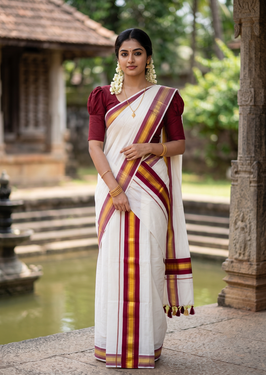 Southloom Kerala Cotton Single Set Mundu (Mundum Neriyathum) with Kasavu In Maroon With Tussles SLKK SL518