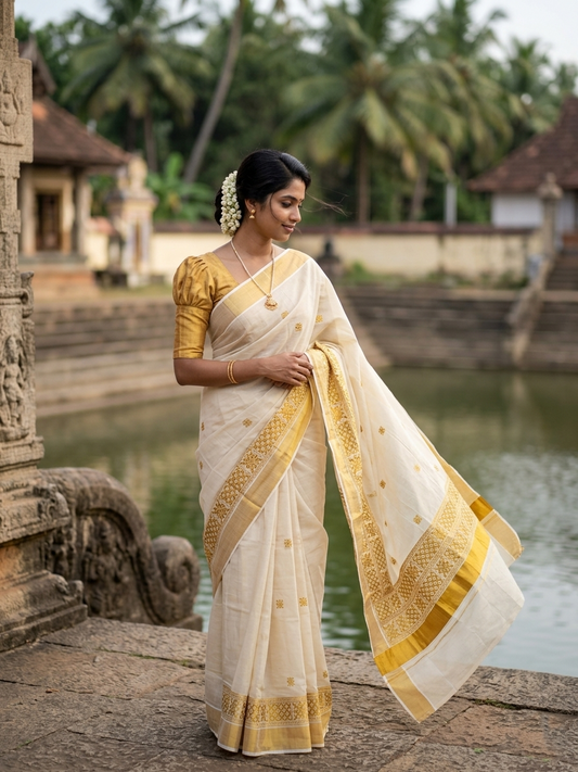 Southloom Tissue Kasavu Saree with Golden Embroidery Work SL287